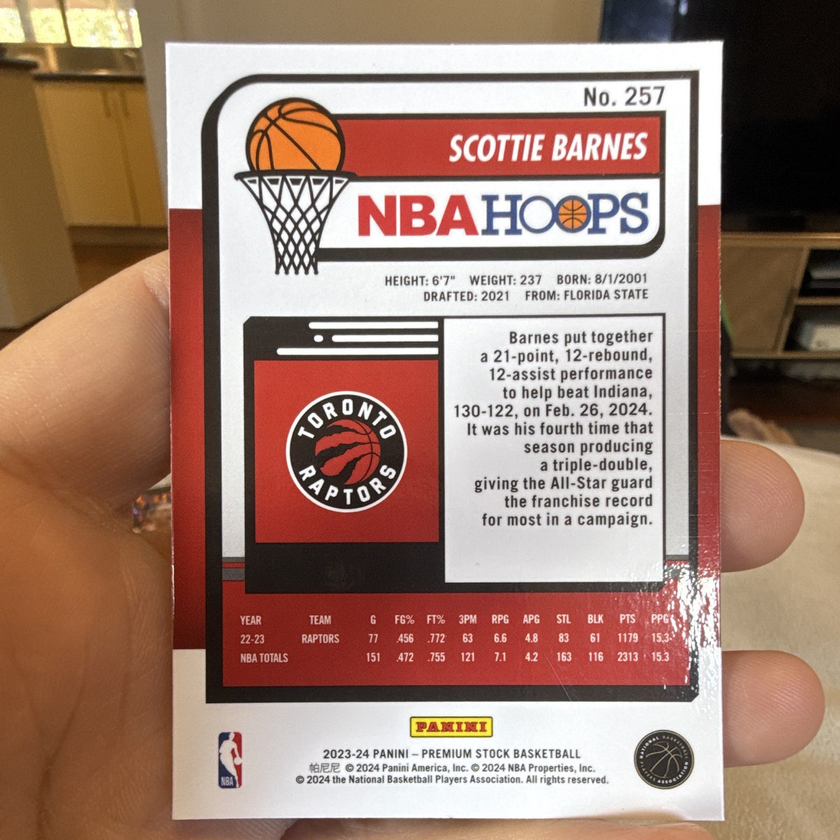 Panini 2023 24 NBA Hoops Premium Stock Scottie Barnes #257 Raptors1