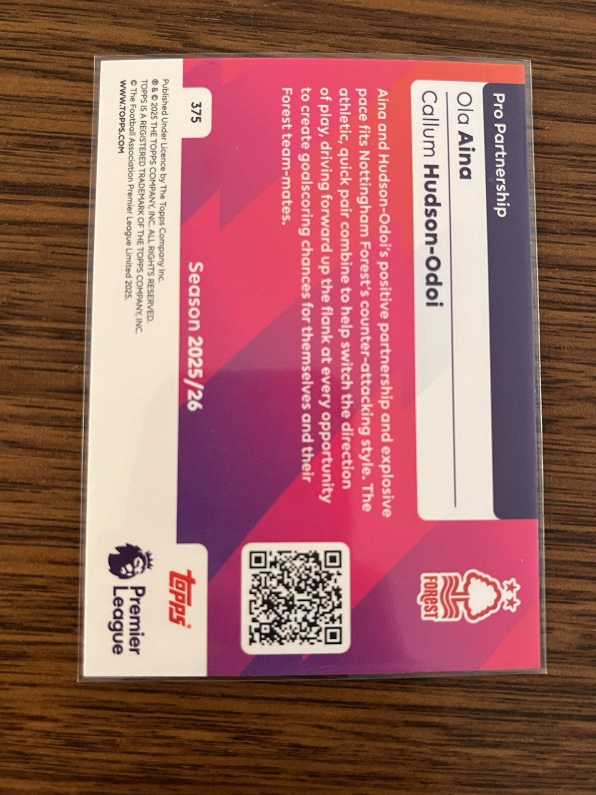 Topps Pro Partnership Insert Ola Aina/Hudson Odoi Nottingham Forest #3752