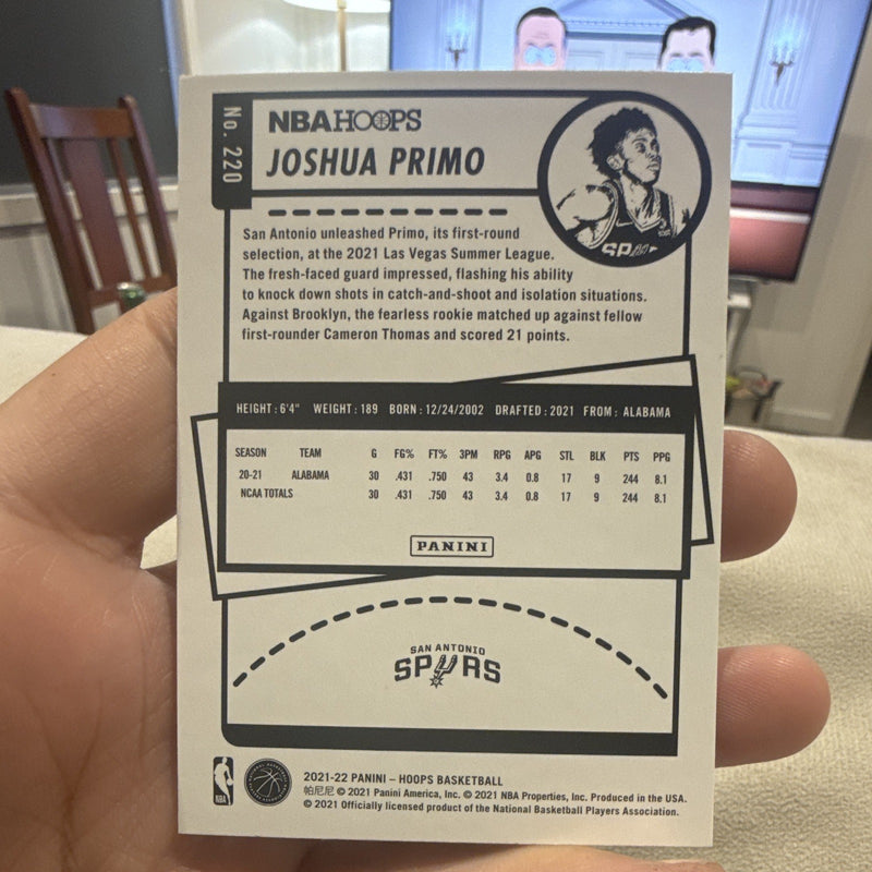 Panini NBA Hoops Joshua Primo Rookie Card RC #220 San Antonio Spurs 2021 221