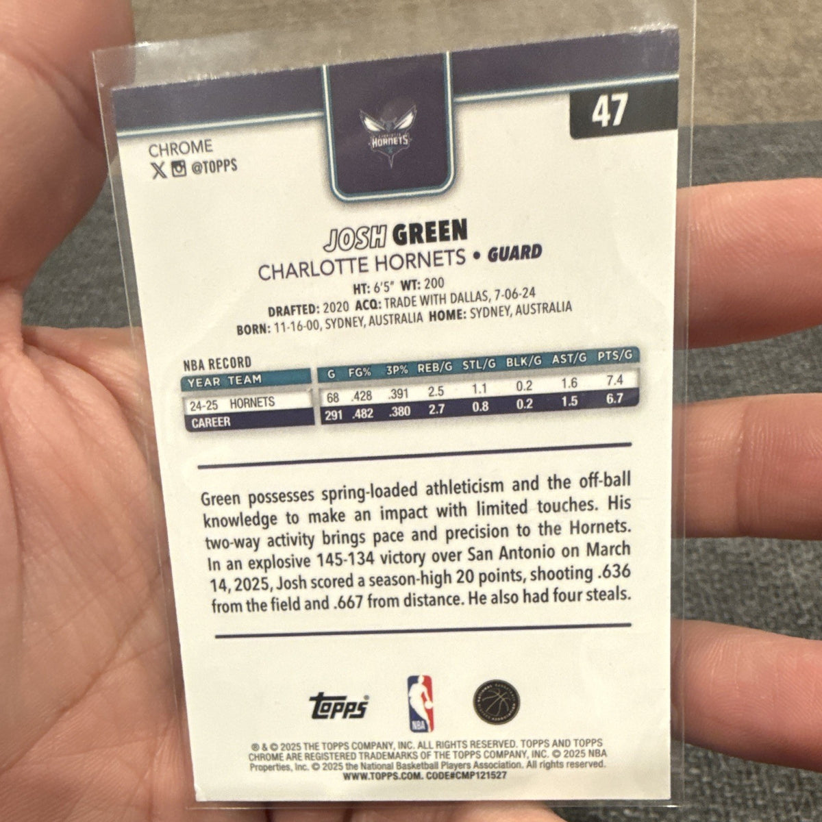 Topps Josh Green Base Topps Chrome NBA Charlotte Hornets #47 20251