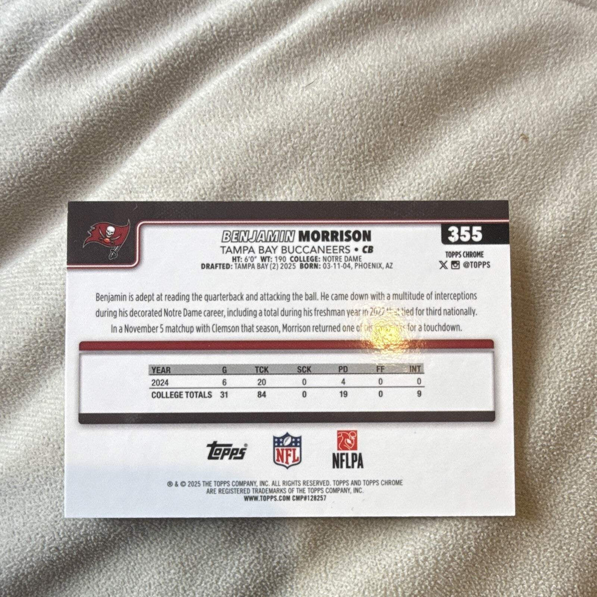 Benjamin Morrison Rookie Topps Chrome 2025 Tampa Bay Buccaneers 3551