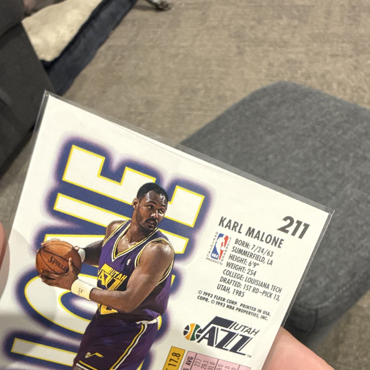 Fleer Karl Malone Base Set 1993 94 Fleer Utah Jazz #211 NBA Basketball Card2