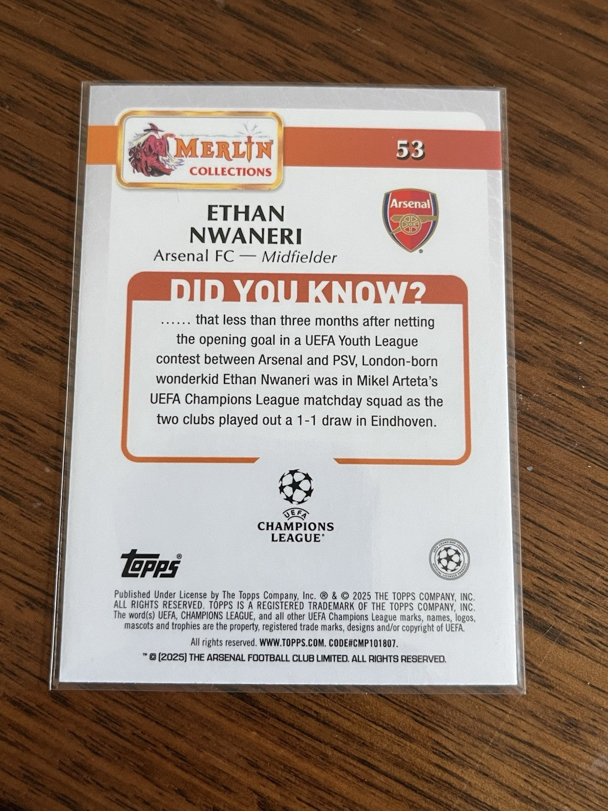 Topps Merlin Collections Ethan Nwaneri Rookie UEFA Champions League 53 Arsenal2