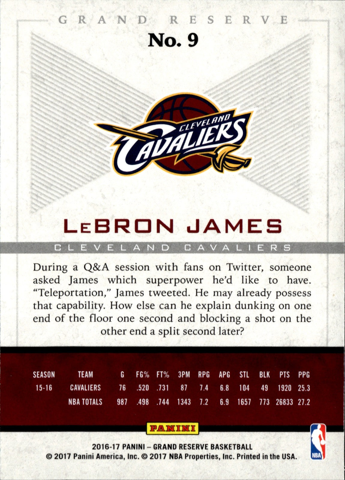 LeBron James Base Panini Grand Reserve 9 NM1