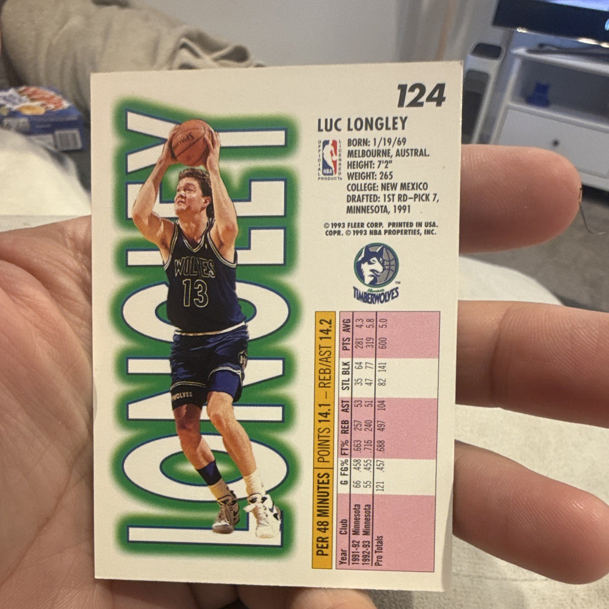 Fleer 1993-94 Base Set Luc Longley #124 Minnesota Timberwolves NBA Card1