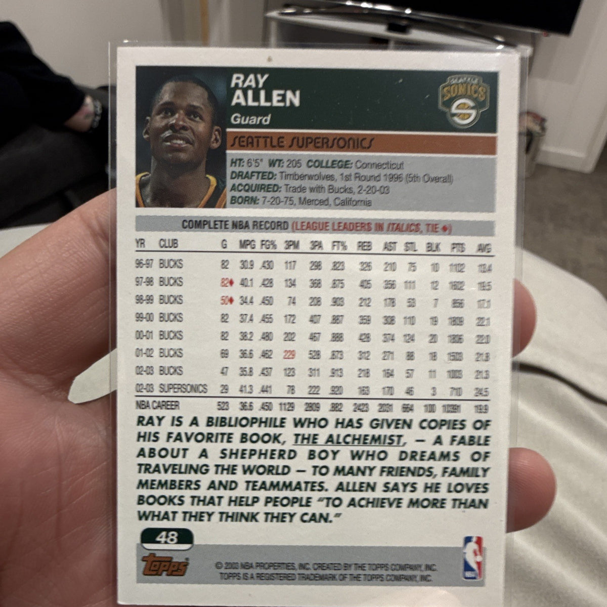 Topps 2003 04 Ray Allen Seattle SuperSonics #48 Base Set NBA Trading Card1