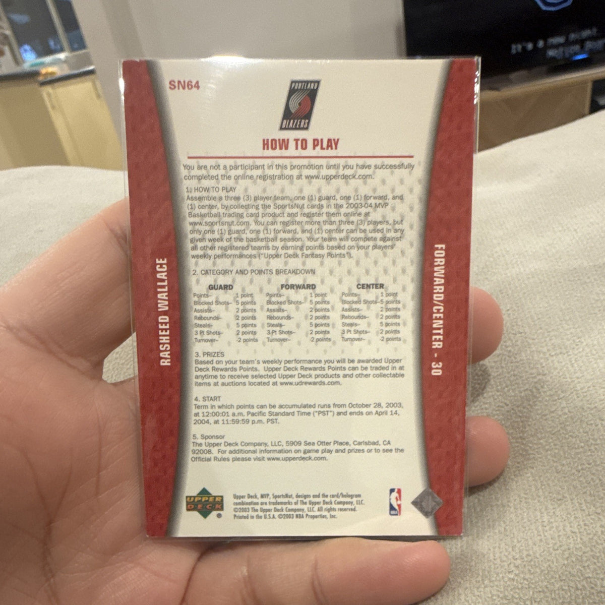 Upper Deck 2003 04 MVP SportsNut Scratch Off SN64 Rasheed Wallace Trail Blazers1