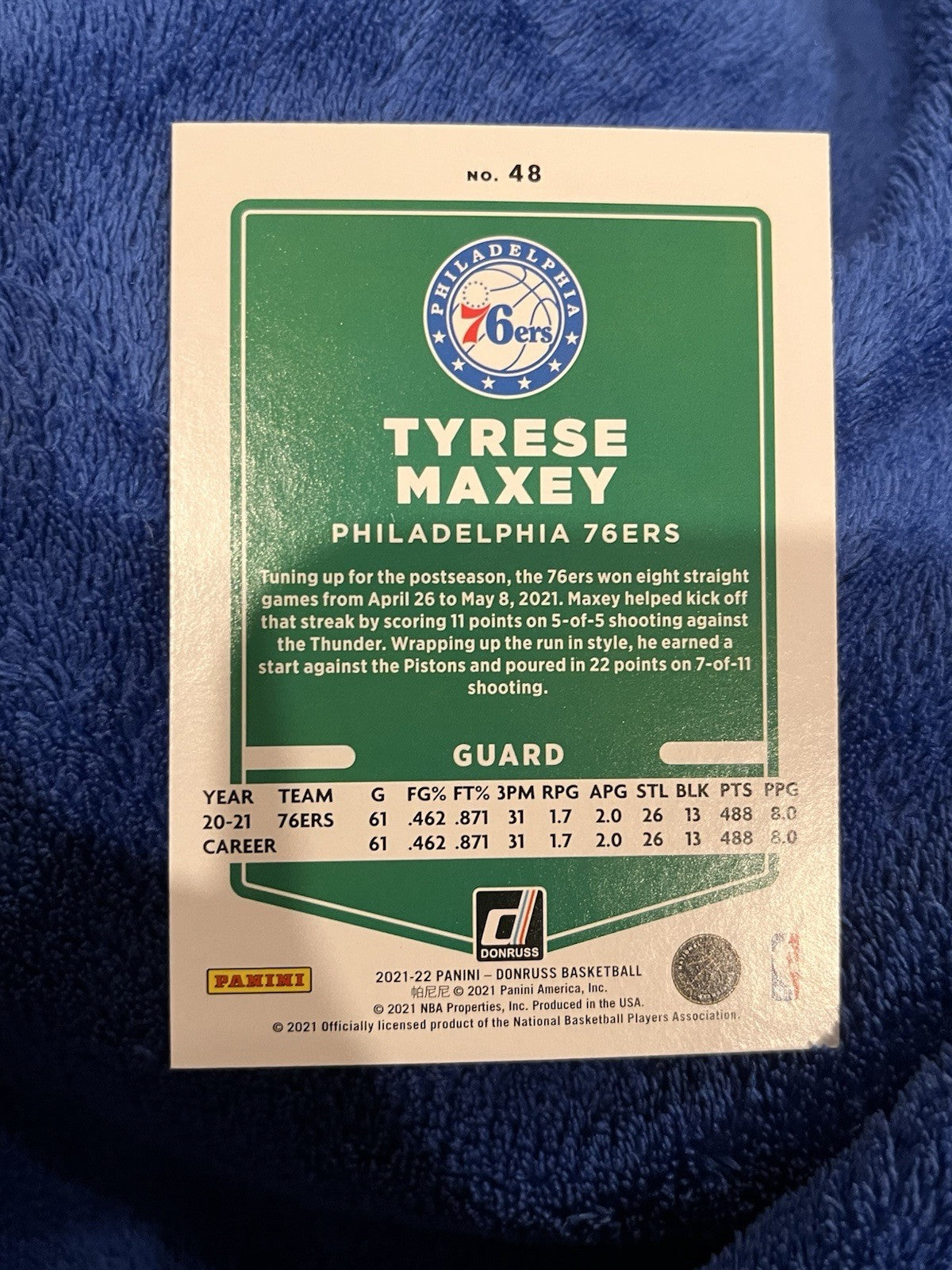 2021 22 Panini Donruss Tyrese Maxey Base Set Philadelphia 76ers #482