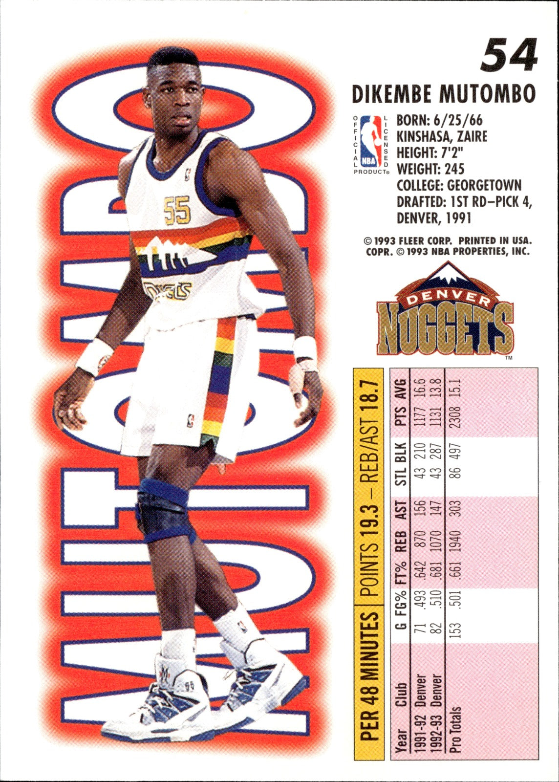 Dikembe Mutombo Base Fleer 54 NM1